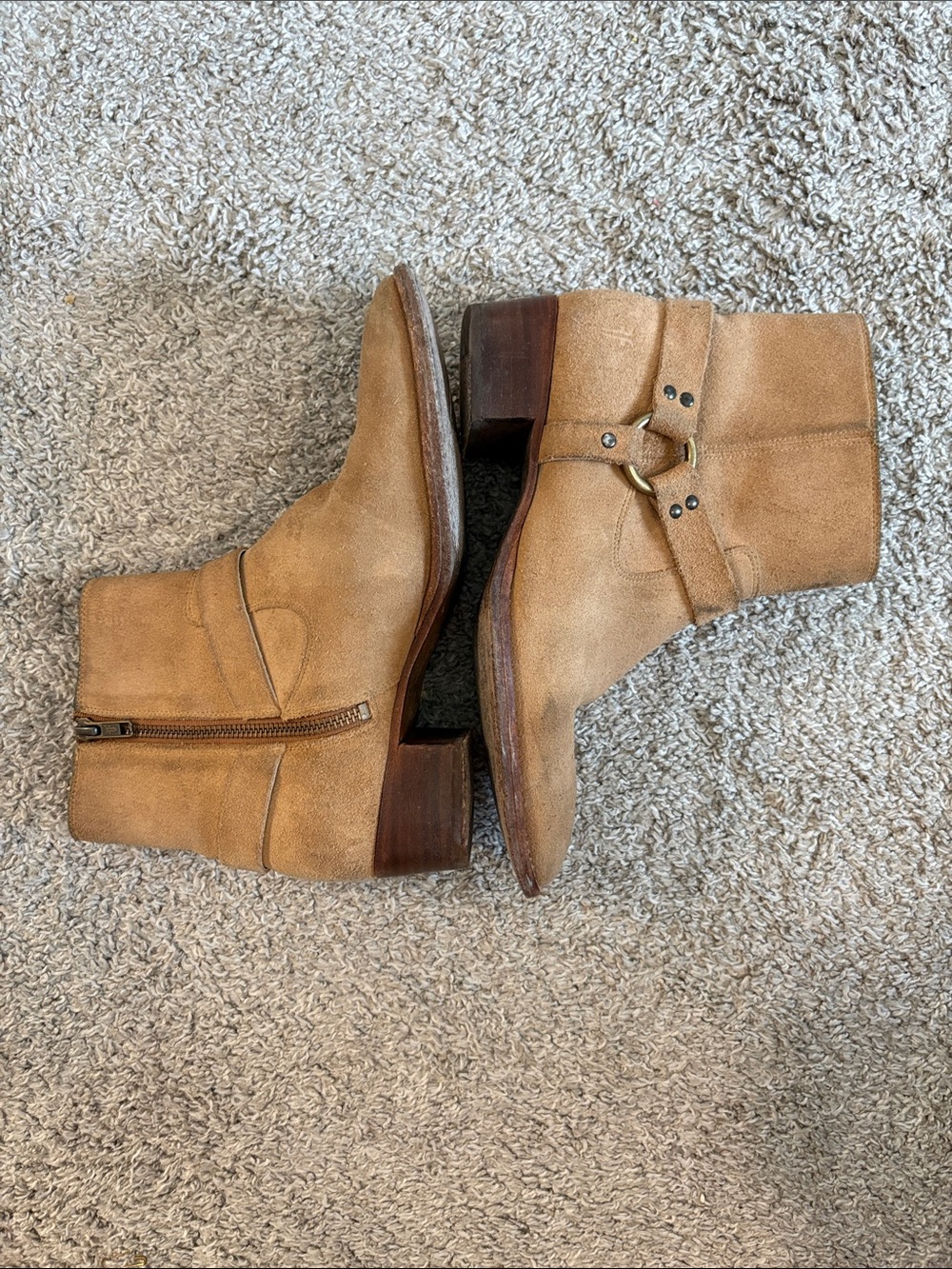Frye Tan Suede Ankle Boots with Side Zip and Harness